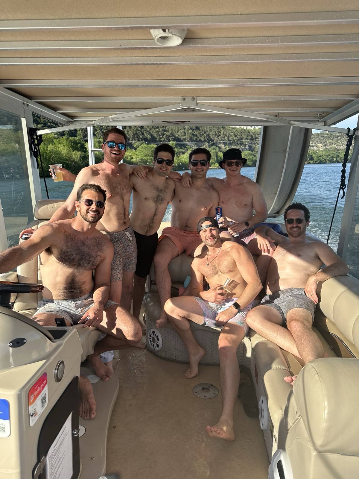 Bachelor party group on a Big Tex pontoon charter on the lake in Austin, Texas